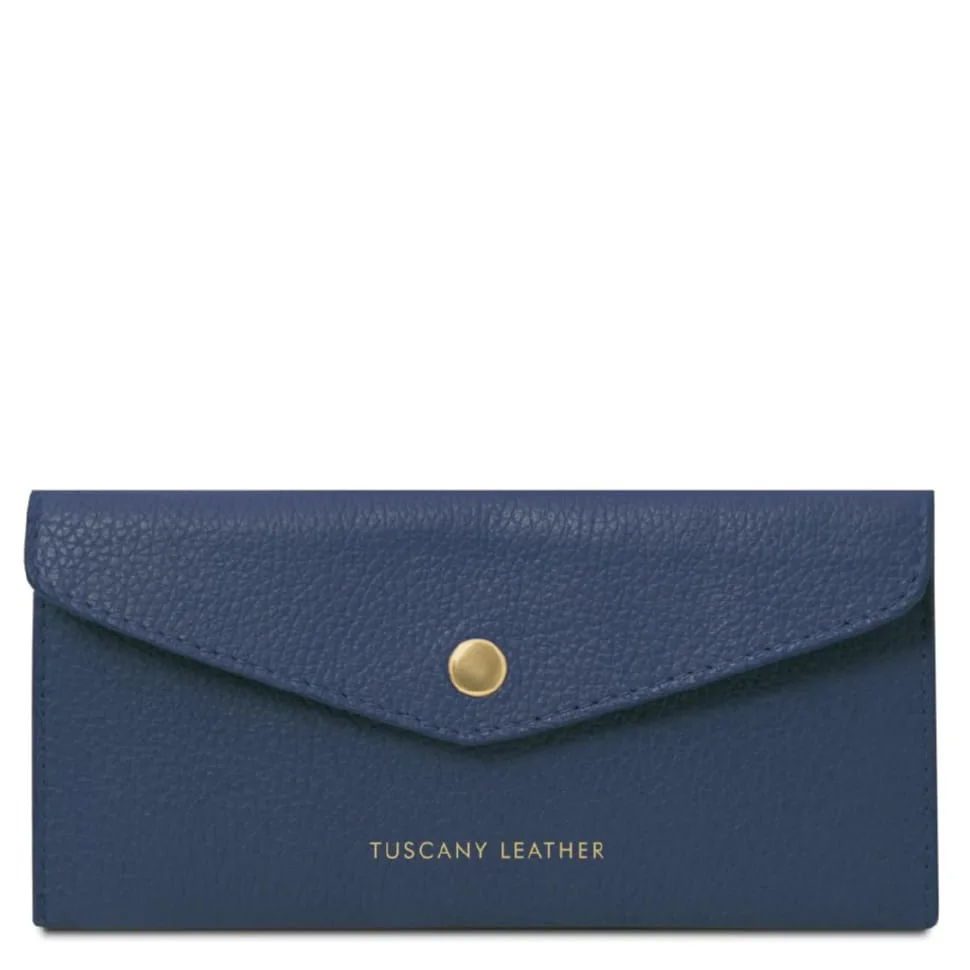 Женская сумка конверт Tuscany Leather темно-синяя из телячьей кожи с золотой фурнитурой для документов и карт