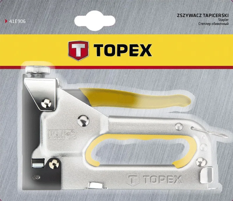 Степлер TOPEX, 6-14 мм, для скоб типу J, з прогумованим тримачем та регулюванням сили забивання.