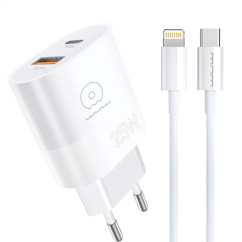 Сітковий зарядний пристрій WUW USB-C 25W білий з кабелем Lightning Type-C