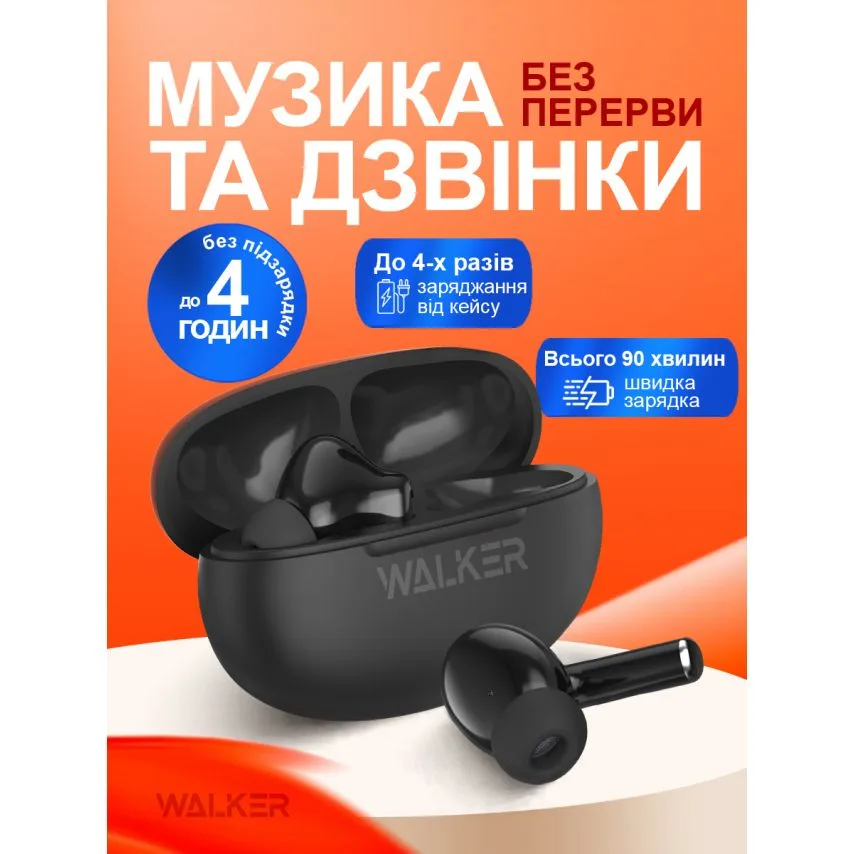 Навушники Bluetooth WALKER вакуумні чорні 13 мм з ENC