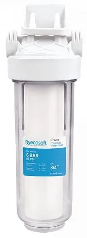 Фільтр для води Ecosoft 10", прозора ємність, підключення 3/4, з картриджем з поліпропілену.
