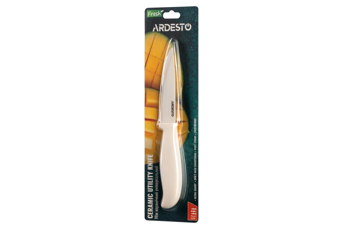 Керамічний універсальний ніж ARDESTO Fresh, 10 см, з пластиковою ручкою, білий.