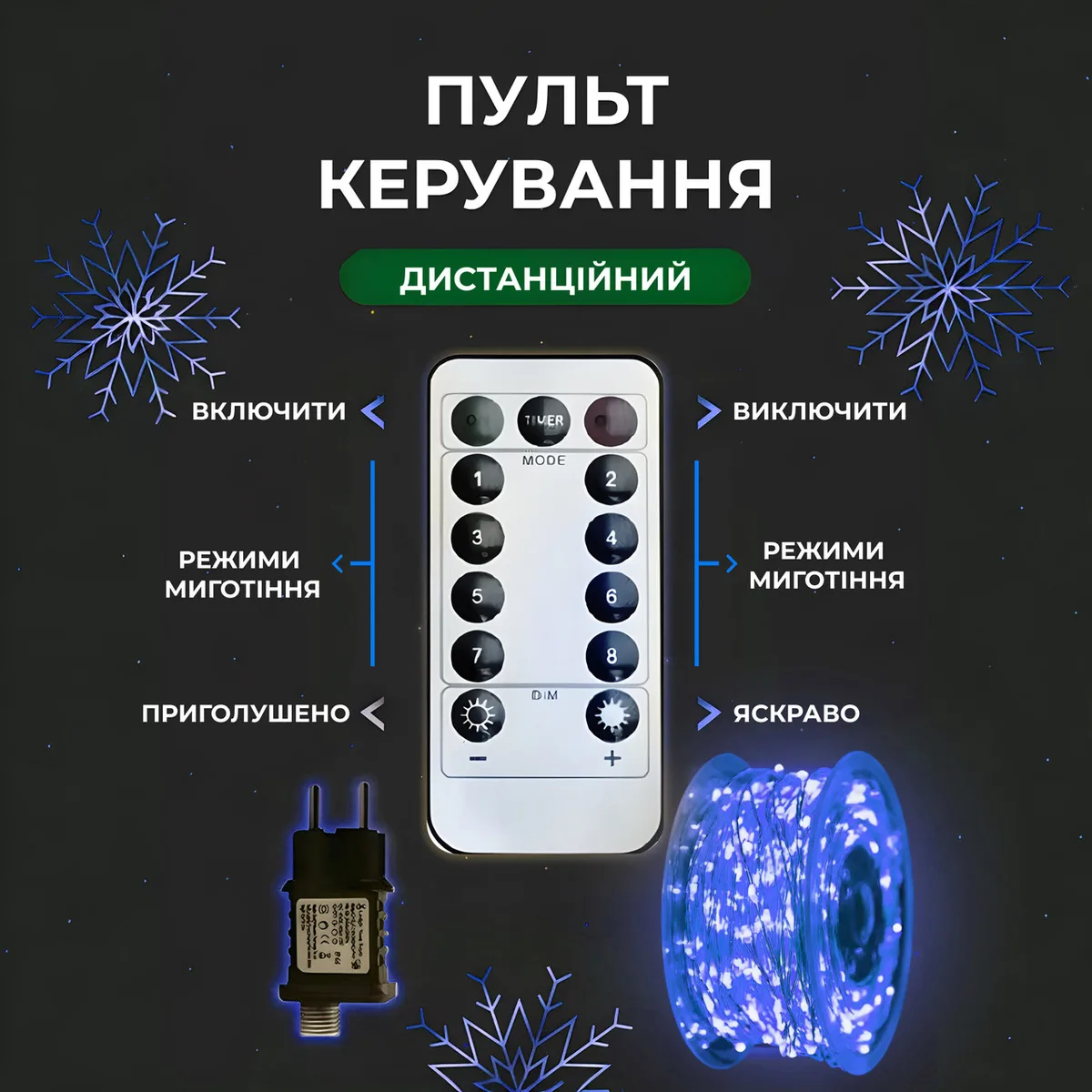 Гірлянда світлодіодна 50 м 500 led синя на пульті білий дріт