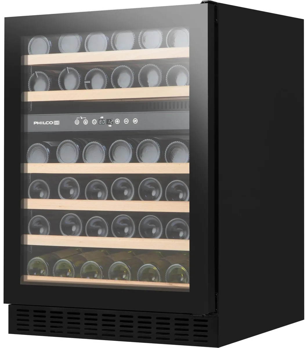 Холодильник для вина Philco, 81.3 х 59.5 х 57 см, об'єм 135 л, на 2 зони, вміщує 46 пляшок, з дисплеєм та підсвіткою, чорного коль