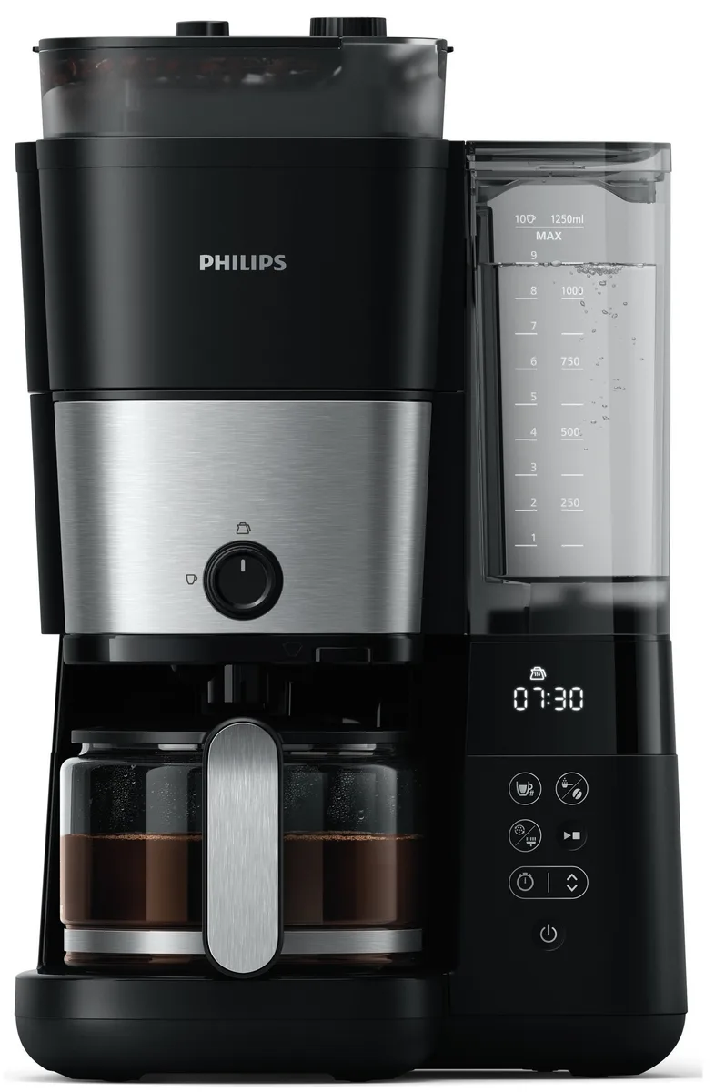 Кавоварка Philips універсальна Brew 1.25л: для зернової та меленої кави, з дисплеєм, функцією підігріву кавника та вбудованою каво