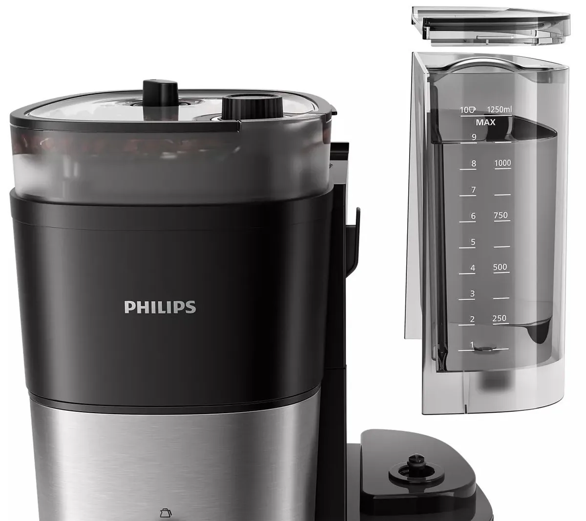 Кавоварка Philips універсальна Brew 1.25л: для зернової та меленої кави, з дисплеєм, функцією підігріву кавника та вбудованою каво