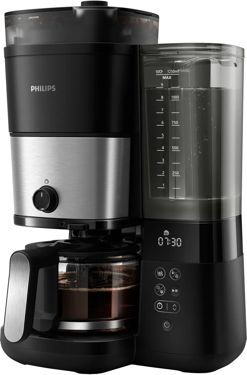 Кавоварка Philips універсальна Brew 1.25л: для зернової та меленої кави, з дисплеєм, функцією підігріву кавника та вбудованою каво