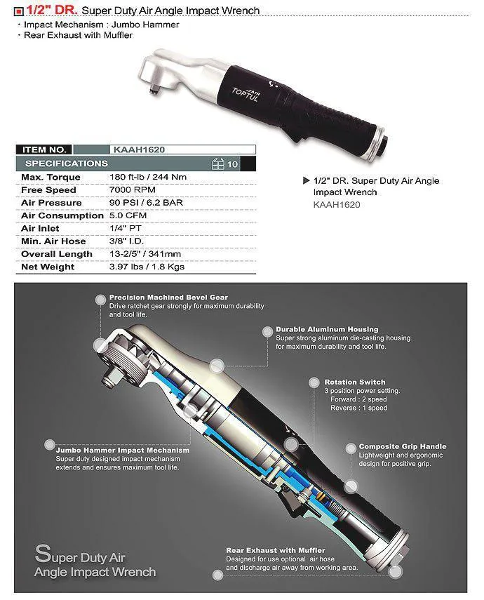 Пневматический трещотка 1/2" TOPTUL KAAH1620 244Н/м 7000об/мин Угловая 1,8 кг