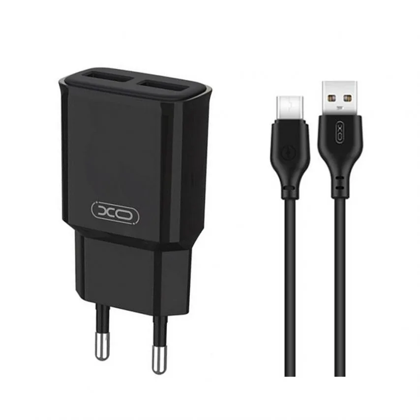 Мережевий зарядний пристрій XO адаптер 2USB 2.4A чорний з кабелем Type-C 1м