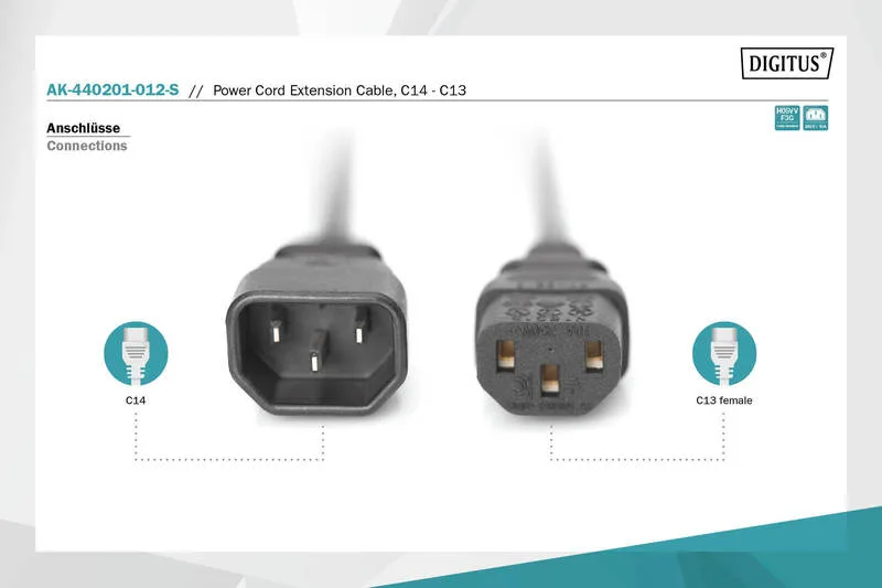 Кабель живлення DIGITUS C13 > C14, 1.2м, чорний