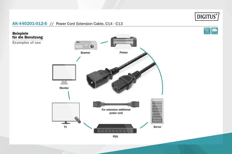 Кабель живлення DIGITUS C13 > C14, 1.2м, чорний