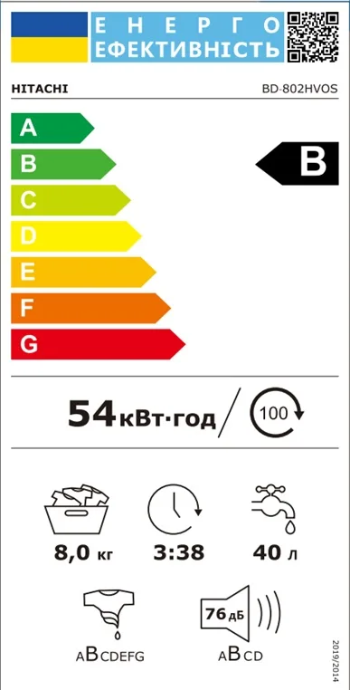 Фронтальна пральна машина Hitachi, 8 кг, 1400 об/хв, клас енергоефективності A+++, 60 см, з дисплеєм, функцією пари, інверторним м