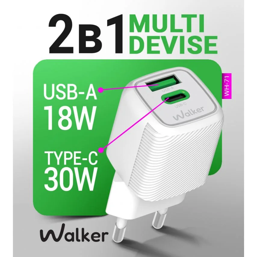Мережевий зарядний пристрій WALKER 30W Type-C білий 1м кабель