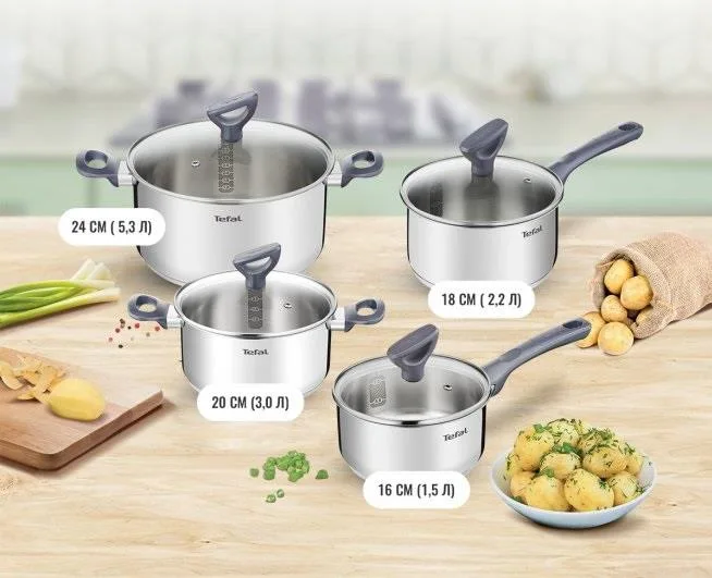 Набір посуду Tefal нержавіюча сталь 8 предметів 16 18 20 24 см