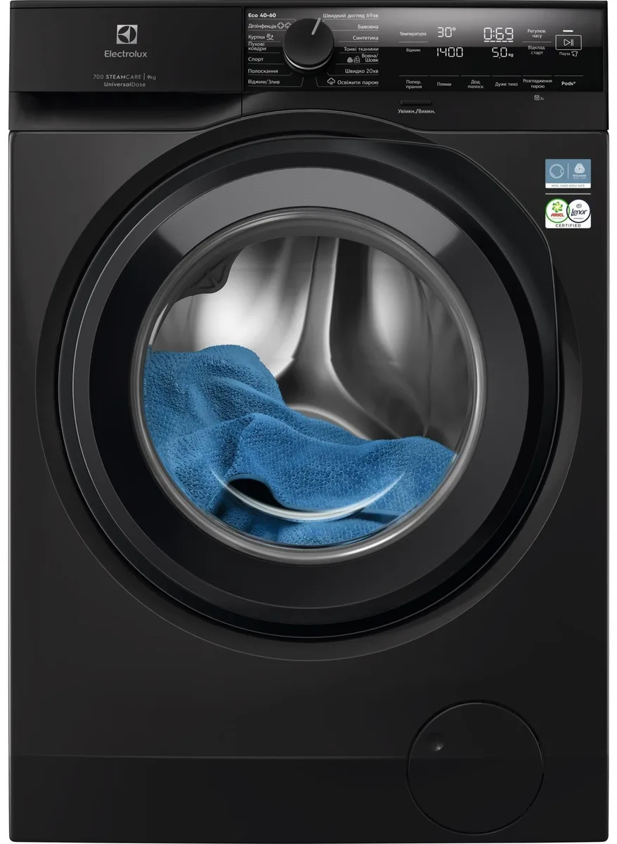 Пральна машина Electrolux фронтального завантаження, 9 кг, 1400 об/хв, клас енергоспоживання A, 66 см, з дисплеєм, функцією пари,