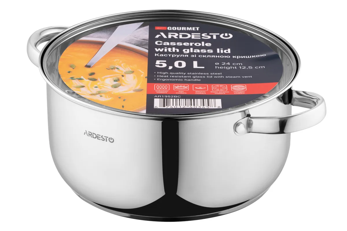 Каструля з прозорою кришкою ARDESTO Gemini Gourmet Aosta, 5 л, з нержавіючої сталі.