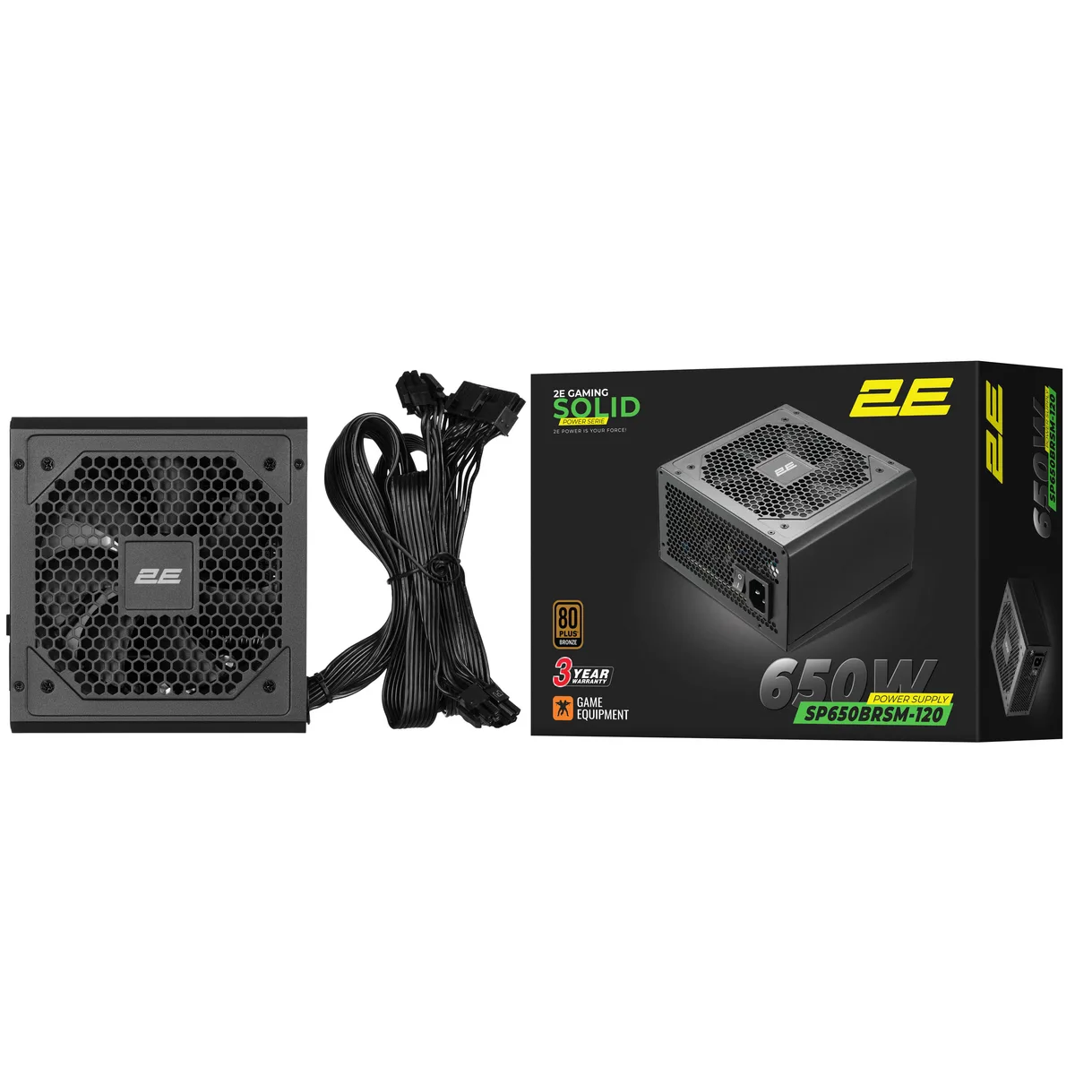 Блок питания 2E GAMING Solid Power (650W), >85%, 80+ Bronze, 120мм, 1xMB 24pin(20+4), 2xCPU 8pin(4+4), 3xMolex, 6xSATA, 4xPCIe 8pin(6+2), полумодульный.