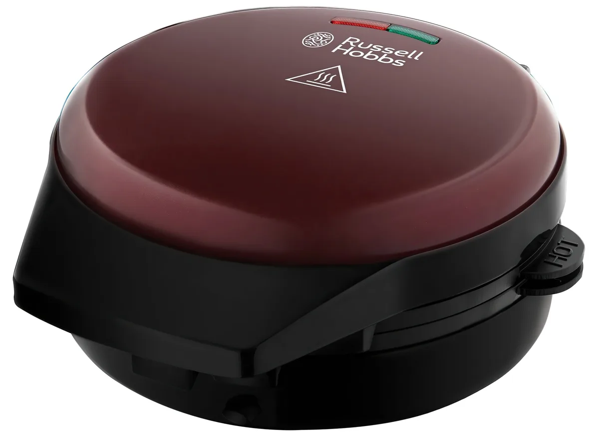 Мультимейкер Russell Hobbs Fiesta 950Вт, алюмінієвий, з 3 пластинами, корпус з нержавіючої сталі та пластику, бордового кольору.