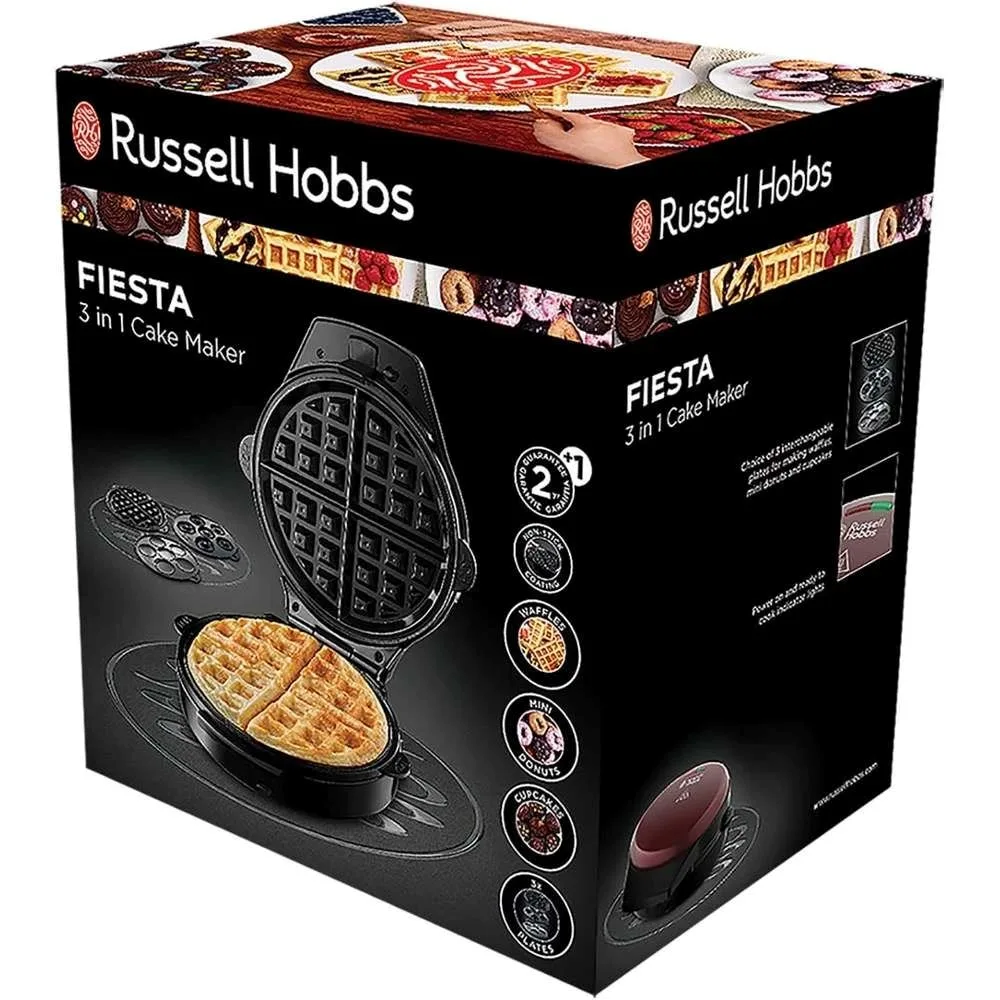 Мультимейкер Russell Hobbs Fiesta 950Вт, алюмінієвий, з 3 пластинами, корпус з нержавіючої сталі та пластику, бордового кольору.