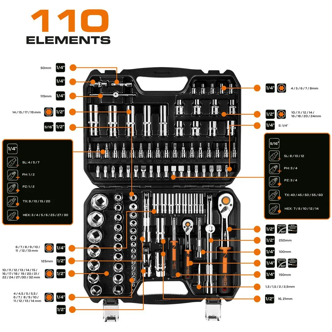 Набір інструментів Neo Tools, набір торцевих головок, 1/2", 1/4", CrV, кейс, 110шт