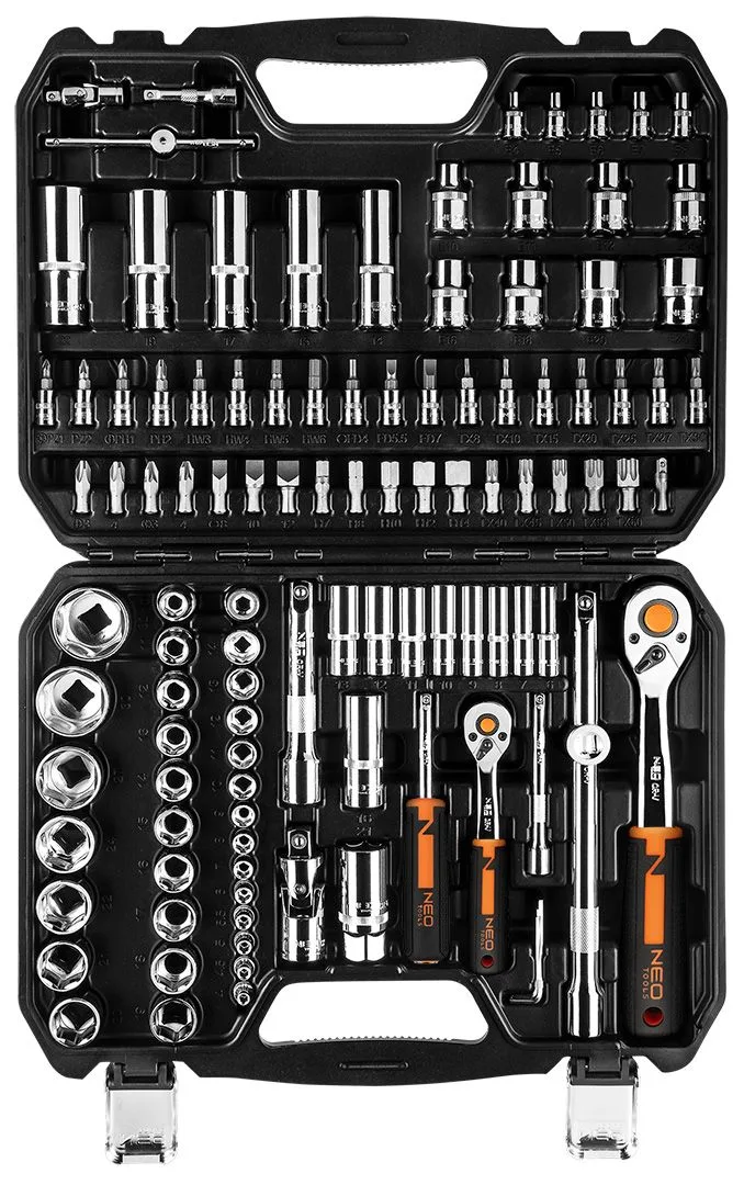 Набір інструментів Neo Tools, набір торцевих головок, 1/2", 1/4", CrV, кейс, 110шт