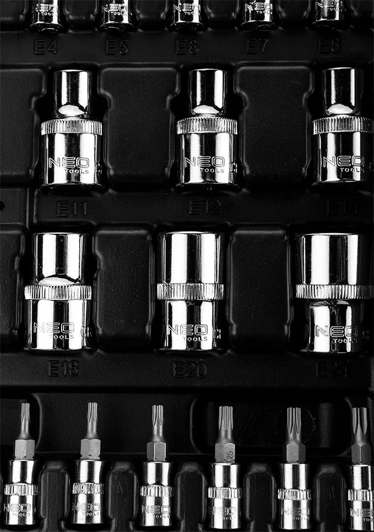 Набір інструментів Neo Tools, набір торцевих головок, 1/2", 1/4", CrV, кейс, 110шт
