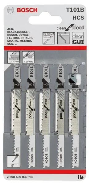 Набір пиляльних полотен для електролобзика Bosch Professional по дереву T101B, HCS, 5 шт.