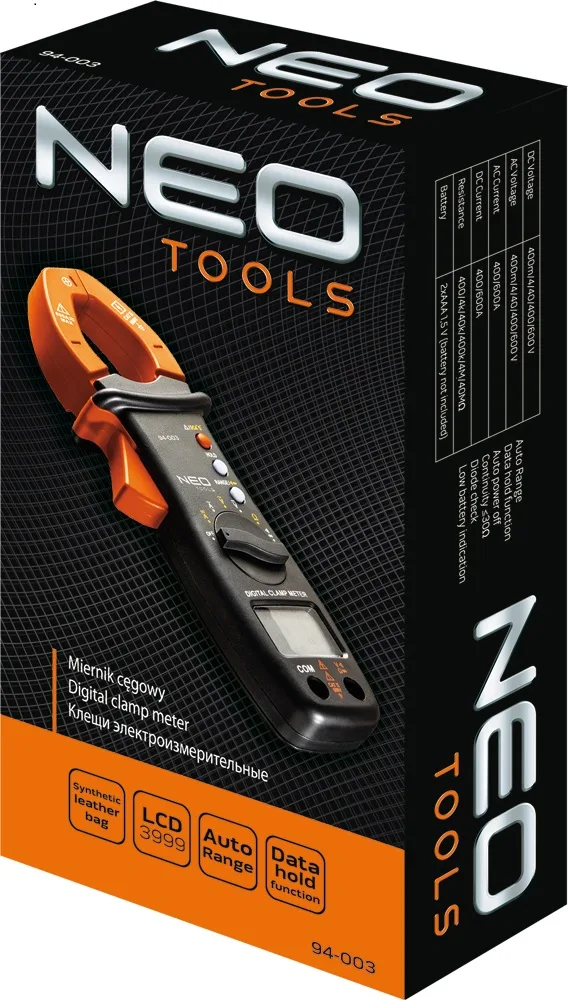 Електровимірювальні кліщі Neo Tools, 0-600В, для дроту діаметром до 28мм, з РК дисплеєм та підсвічуванням, у комплекті з чохлом.
