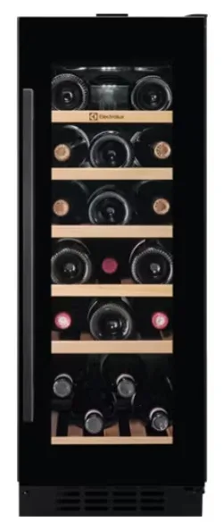 Вбудований винний холодильник Electrolux, 82x30x57 см, 6 полиць, 1 зона, 20 бутлів, клас ST, чорний.