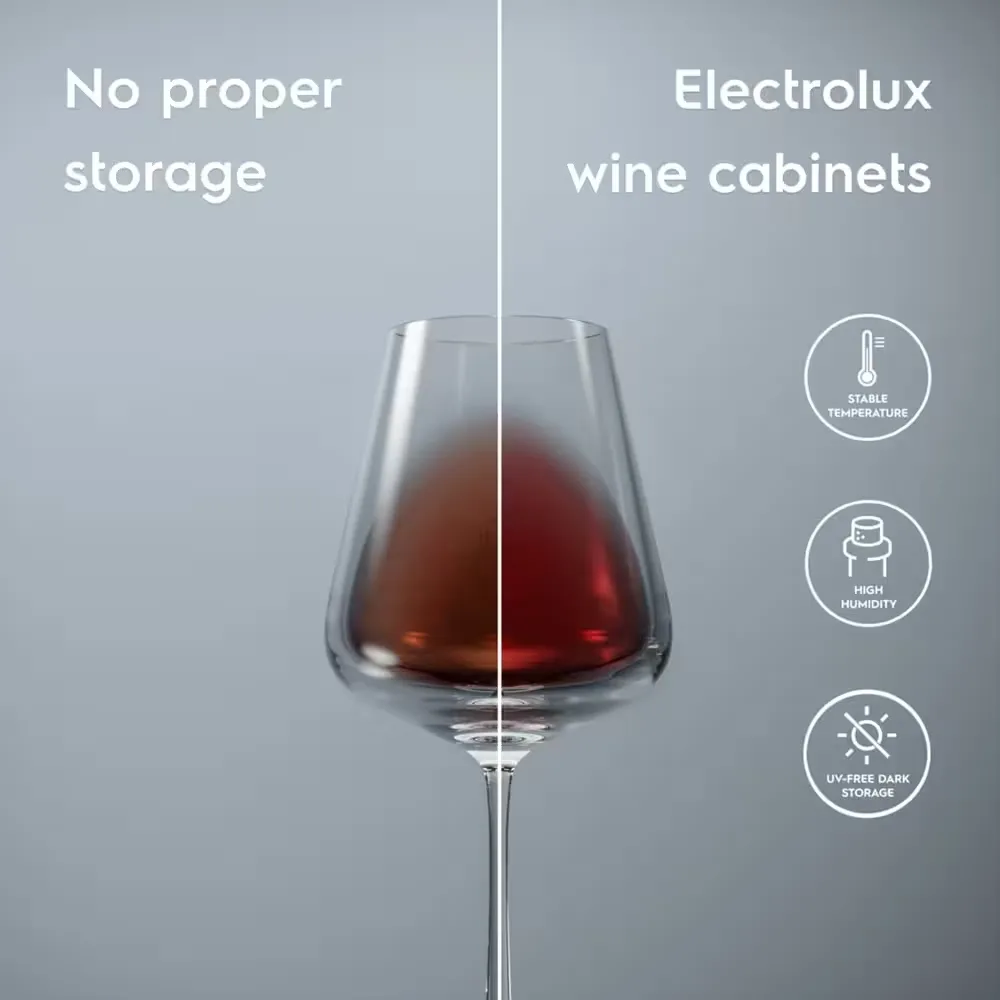 Вбудований винний холодильник Electrolux, 82x30x57 см, 6 полиць, 1 зона, 20 бутлів, клас ST, чорний.