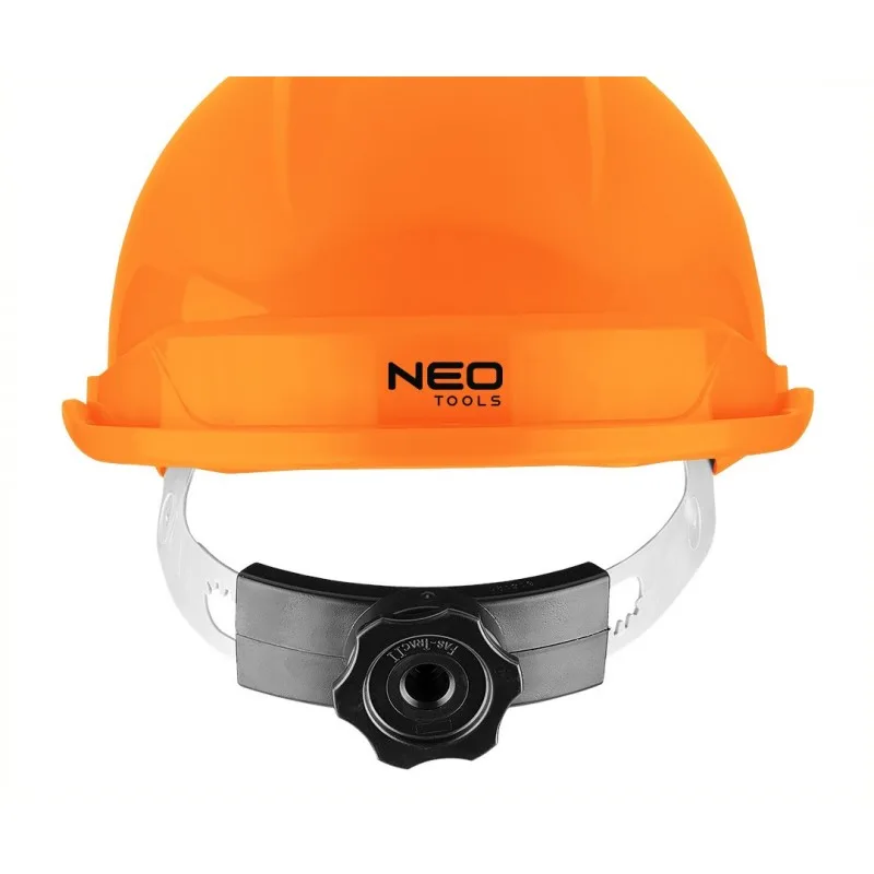 Захисна каска Neo Tools, виготовлена з ABS пластику, з регульованою пряжкою, помаранчевого кольору.