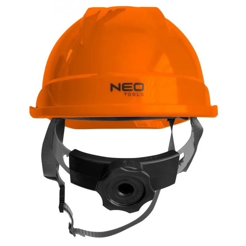 Захисна каска Neo Tools, виготовлена з ABS пластику, з регульованою пряжкою, помаранчевого кольору.