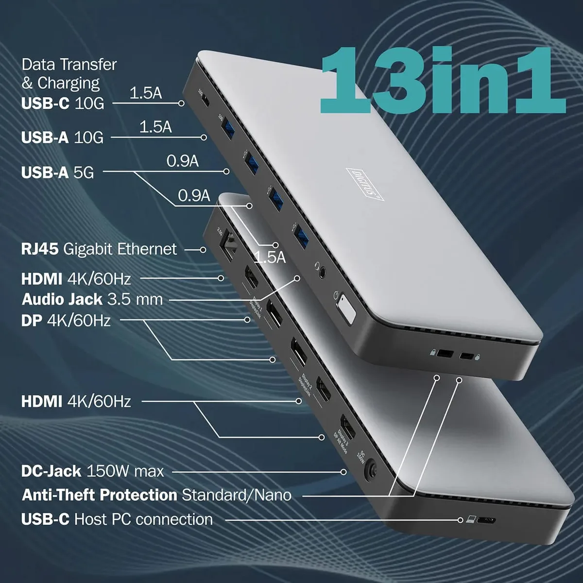 Док-станция DIGITUS USB-C > 3xHDMI/2xDP/4xUSB-A/USB-C/RJ54/DC/Audio