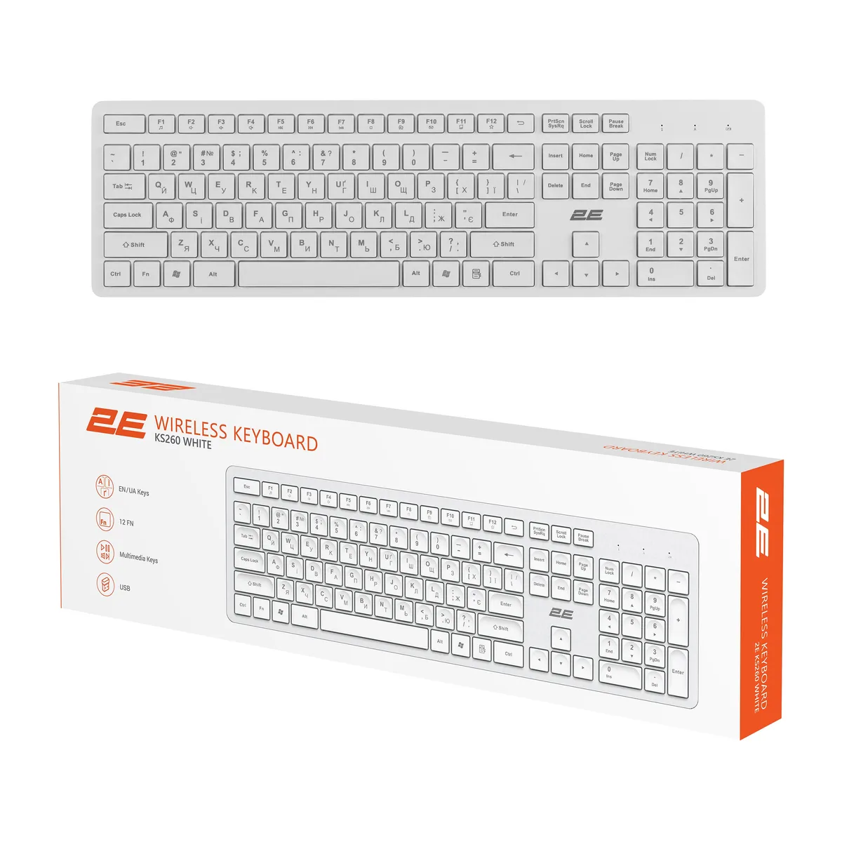 Клавіатура мембранна 2E KS260 106key, WL, EN/UK, білий