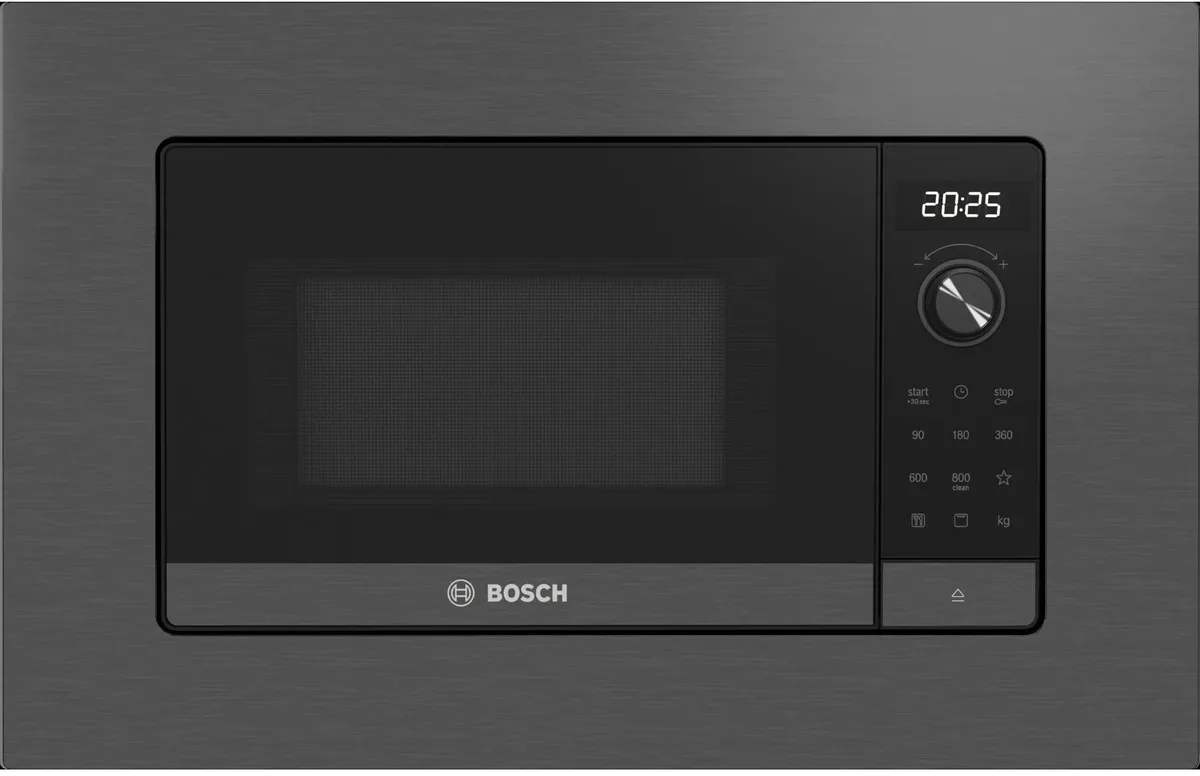 Вбудована мікрохвильова піч Bosch, 20 л, електронне управління, 800 Вт, дисплей, чорний з нержавіючої сталі.