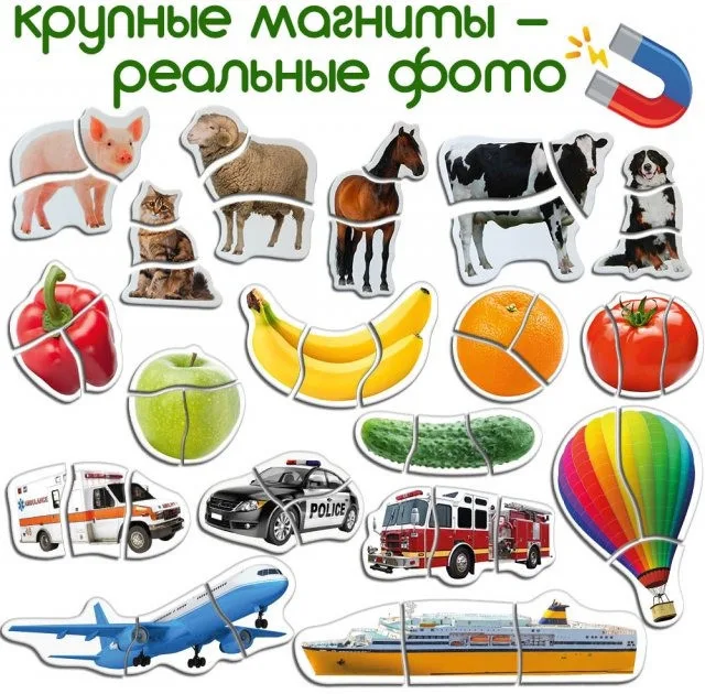 Набор магнитных пазлов Magdum 3 мм цветные для детей животных фрукты овощи