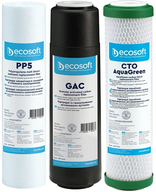Комплект фільтрів Ecosoft 1-2-3 для системи зворотного осмосу з функцією водозбереження (поліпропілен + GAC + AquaGreen)