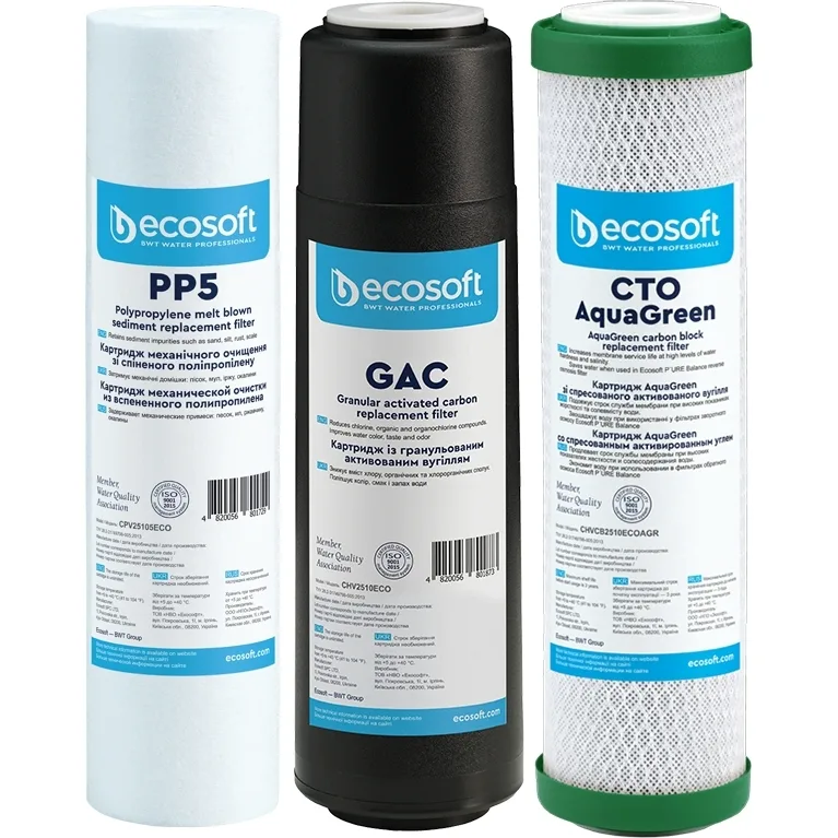 Комплект фільтрів Ecosoft 1-2-3 для системи зворотного осмосу з функцією водозбереження (поліпропілен + GAC + AquaGreen)