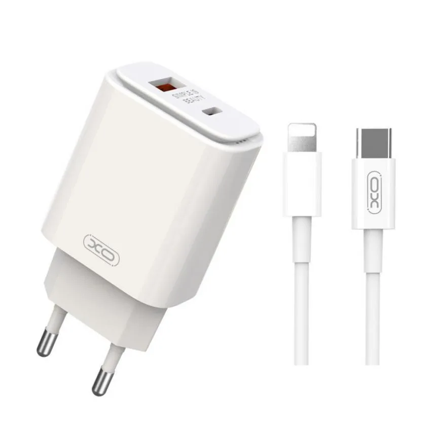 Мережевий зарядний пристрій XO адаптер 2в1 20W Type-C to Lightning 1м білий