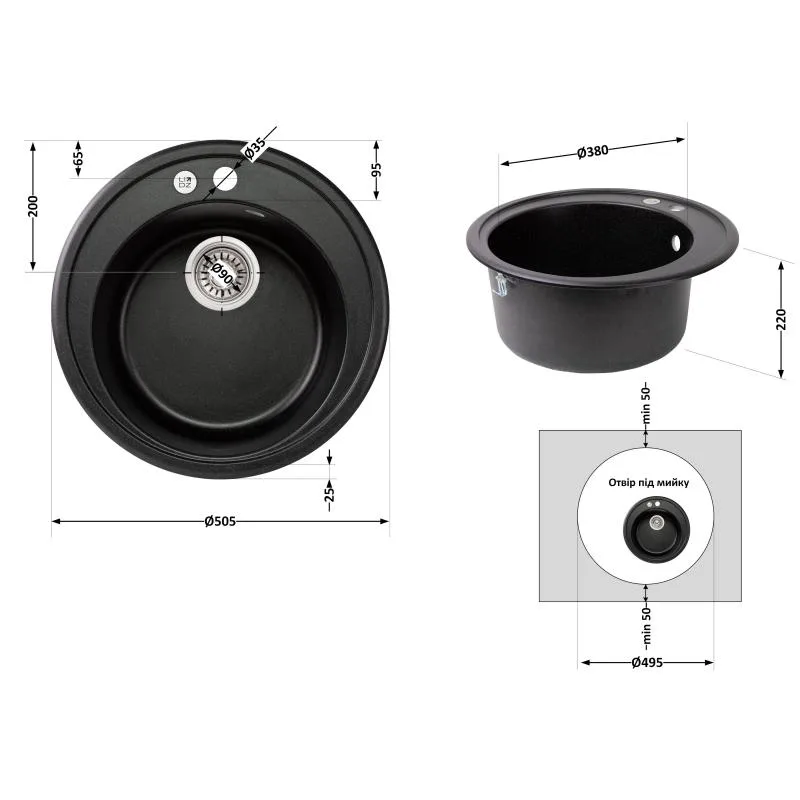 Кухонная мойка Lidz D510 круглая искусственный камень 585х575х275 мм черный металл