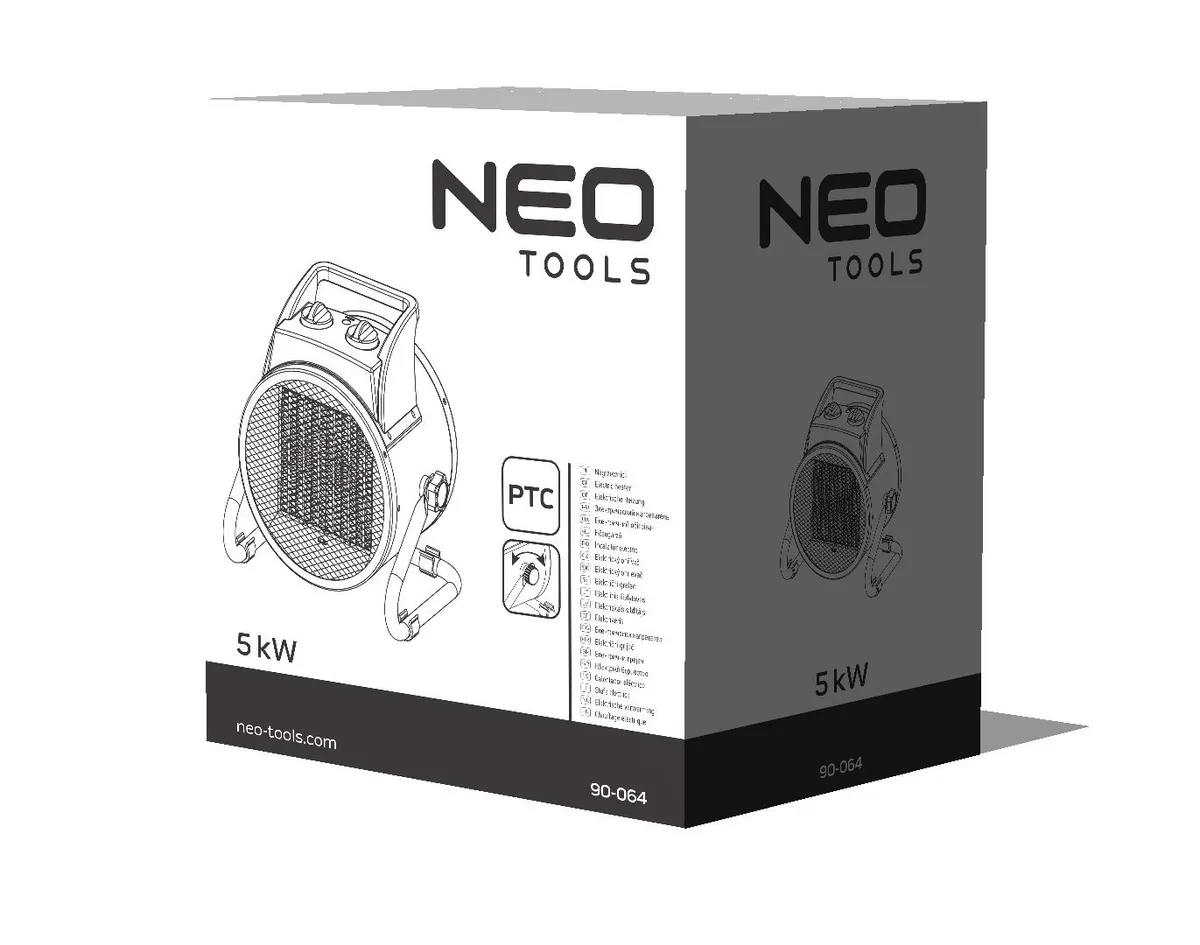 Електрична теплова гармата Neo Tools, потужність 5 кВт, для обігріву площі до 80 м2, продуктивність 588 м3/год, напруга 380 В, з к