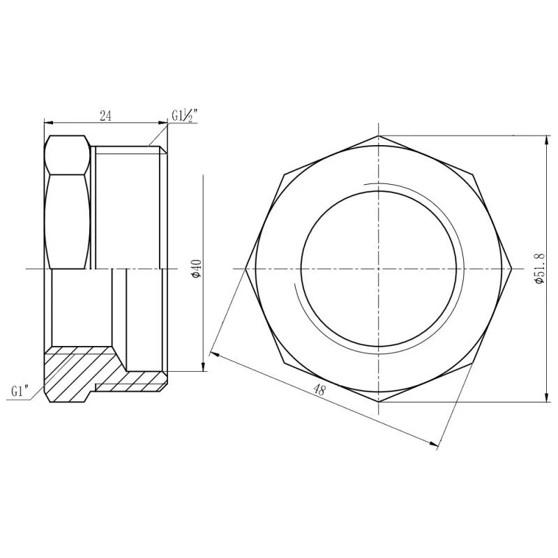 Футорка 1 1/2"x1" латунная с никелевым покрытием для водоснабжения