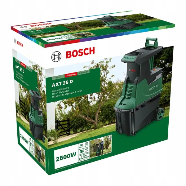 Садовий подрібнювач Bosch AXT 25 D, 2500 Вт, 40 мм, 31.3 кг, тихий фрезер для подрібнення рослинності.