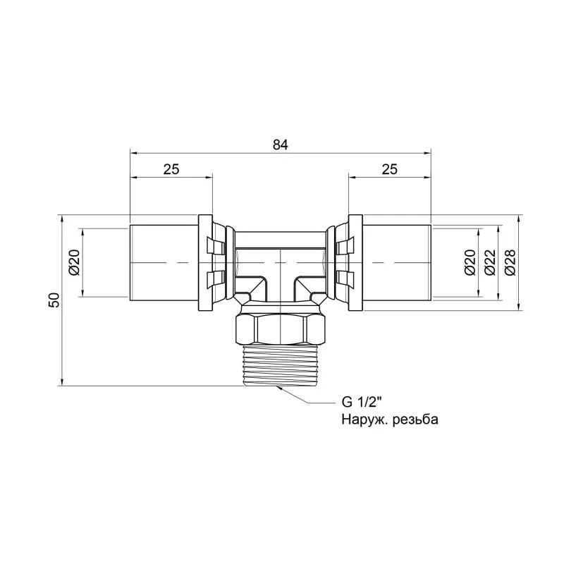 Трійник редукційний Icma 20x1/2"x20 латунь/нержавіюча сталь