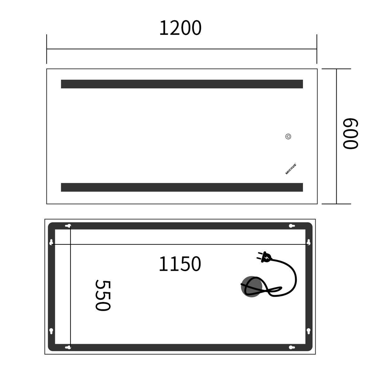 Дзеркало настінне LED з регулятором яскравості 120x60 см алюмінієве MIXXUS PREMIUM