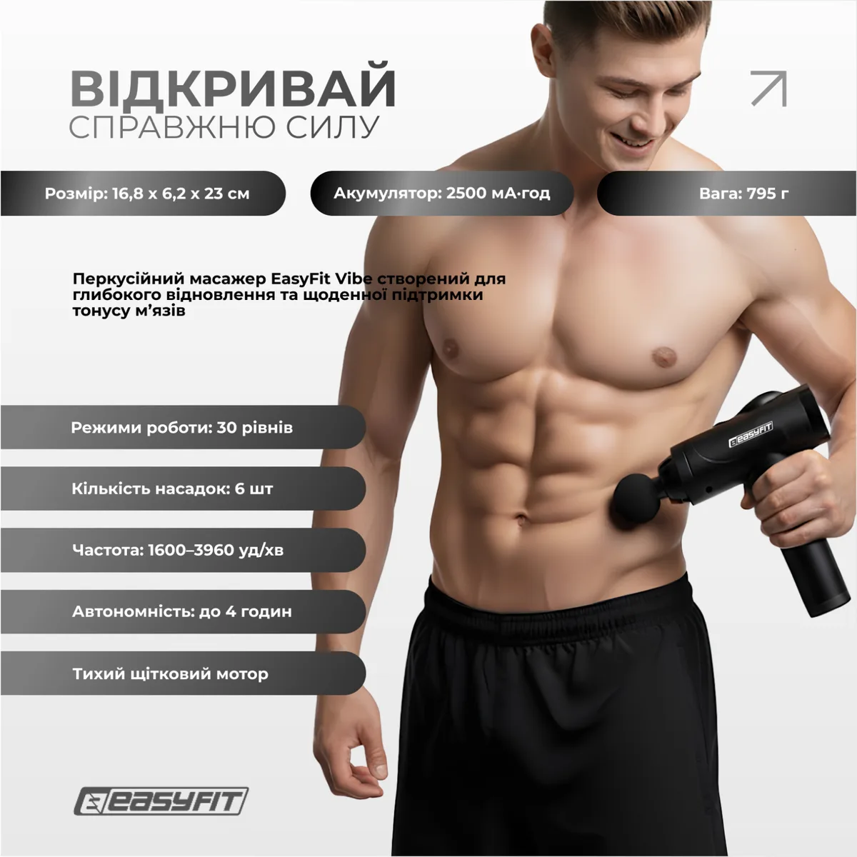 Перкусійний масажер EasyFit 30Вт 6 насадок 30 режимів 16,8х6,2х23 см Чорний
