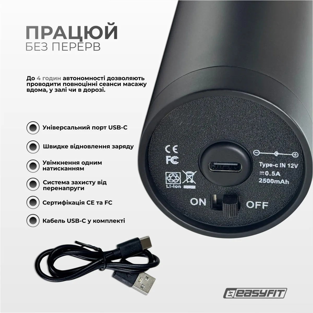 Перкусійний масажер EasyFit 30Вт 6 насадок 30 режимів 16,8х6,2х23 см Чорний
