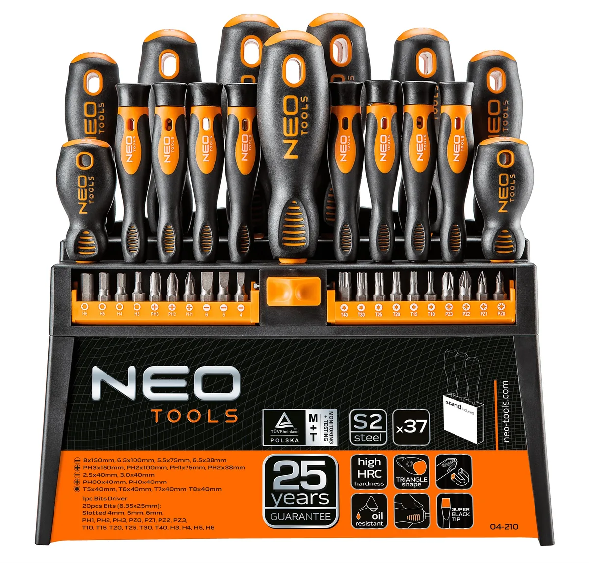 Набір викруток Neo Tools, 20 біт, SL, PH, PZ, Torx, H, сталь S2, з підставкою, 37 шт.