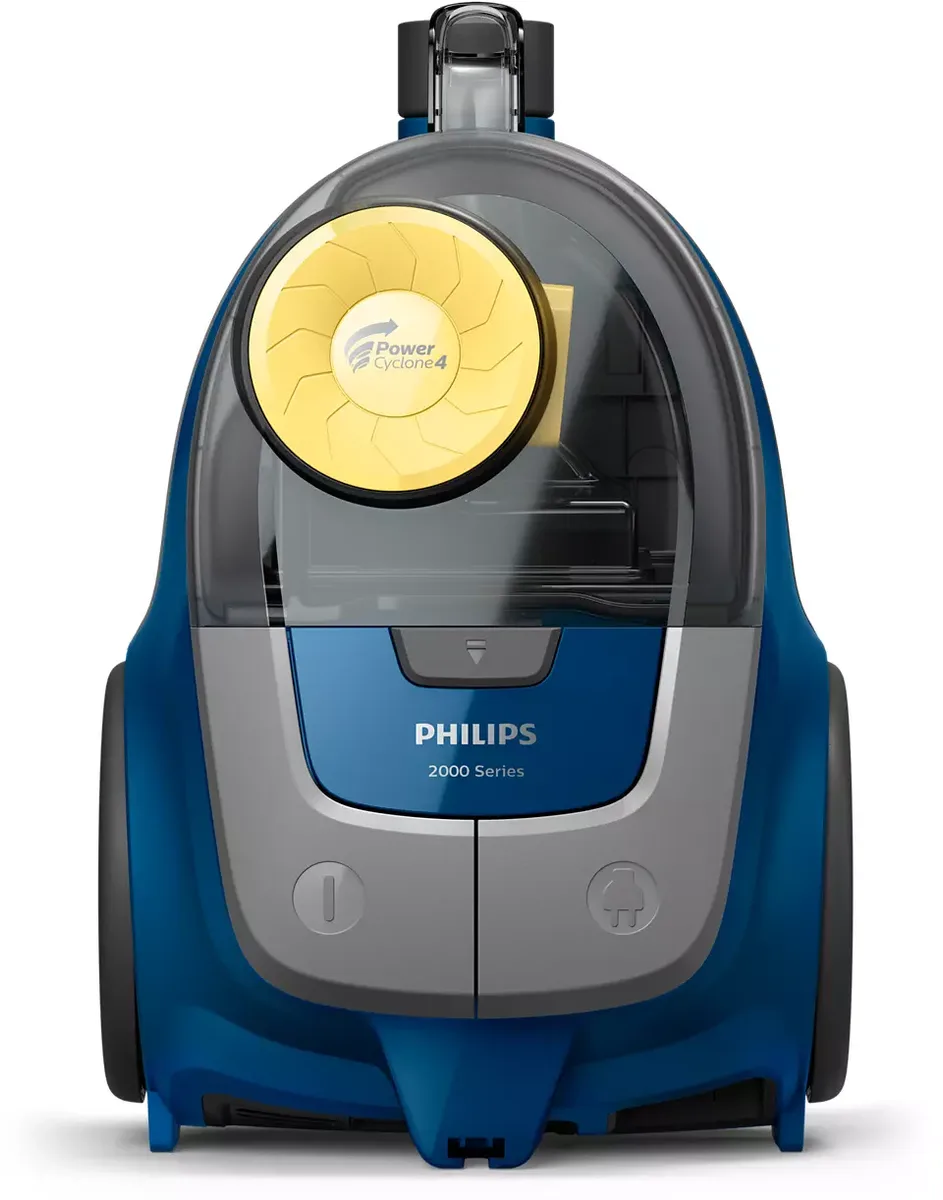 Пилосос Philips, контейнерний, серії 2000, потужність 850 Вт, об'єм контейнера 1,3 л, мікрофібровий фільтр, синьо-жовтого кольору.