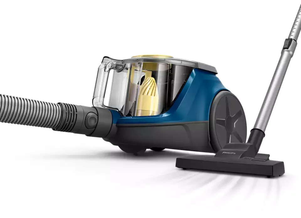 Пилосос Philips, контейнерний, серії 2000, потужність 850 Вт, об'єм контейнера 1,3 л, мікрофібровий фільтр, синьо-жовтого кольору.